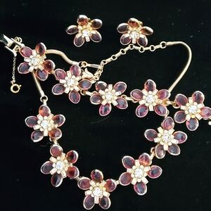 RARE Barclay Purple Glass Flower Rhinestone Parure Heavy 1940's Designer Signed